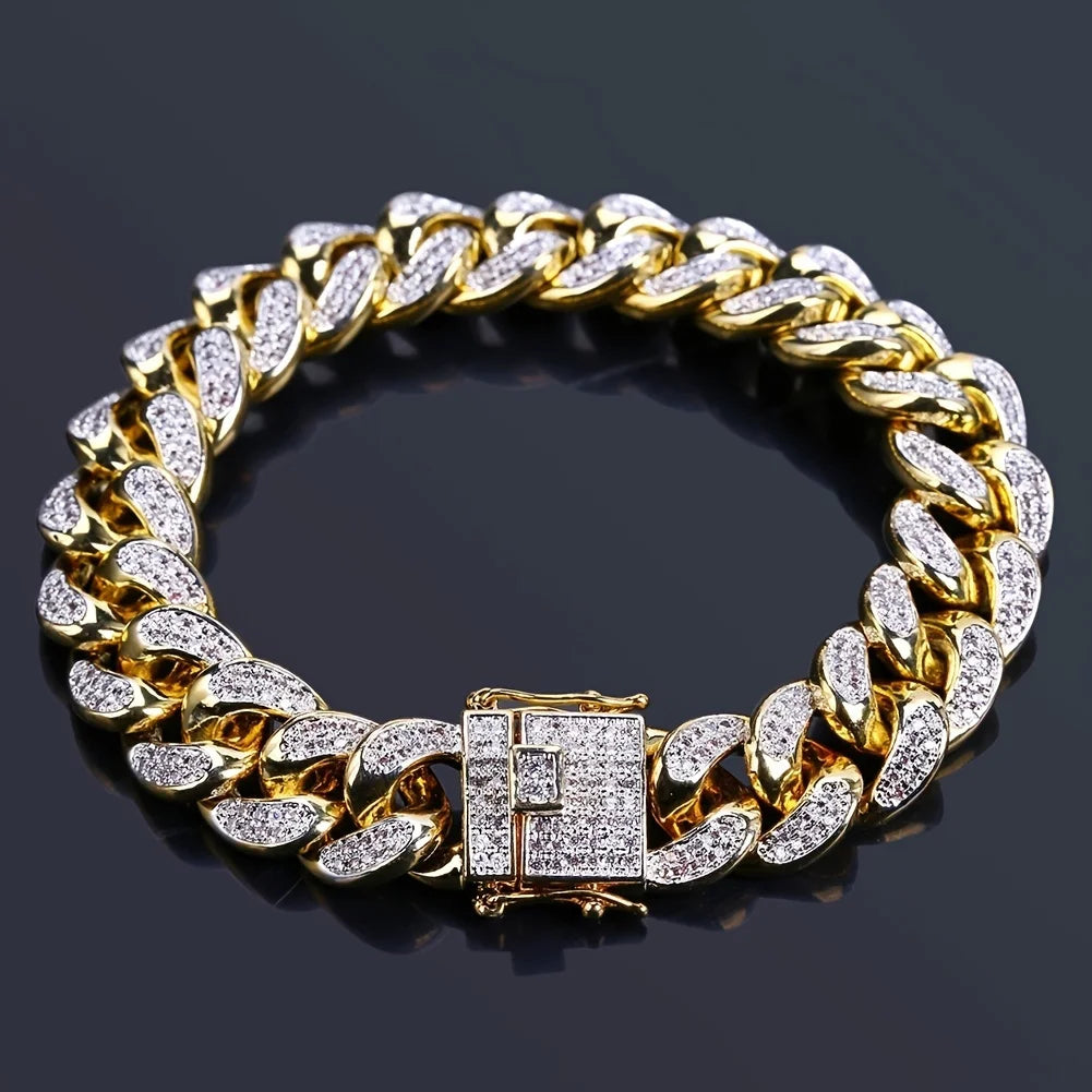 Luxury Iced Out Cuban Link Chain Bracelet for Men Paved Crystal Hip-Hop Jewelry Stainless Steel Bling Bling Wristband Gift
