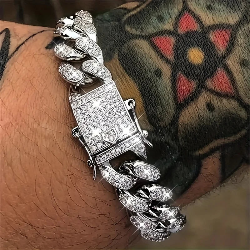 Luxury Iced Out Cuban Link Chain Bracelet for Men Paved Crystal Hip-Hop Jewelry Stainless Steel Bling Bling Wristband Gift