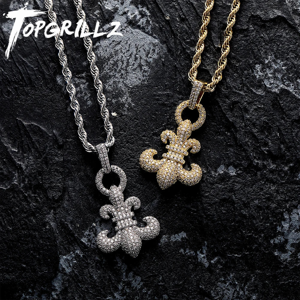 TOPGRILLZ New FLEUR-DE-LIS Pendant Necklace Full Iced Micro Pave Cubic Zirconia Hip Hop Punk Couple Jewelry For Party Gift